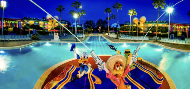Kid-friendly pool Disney All Star Resort with Donald Duck statue