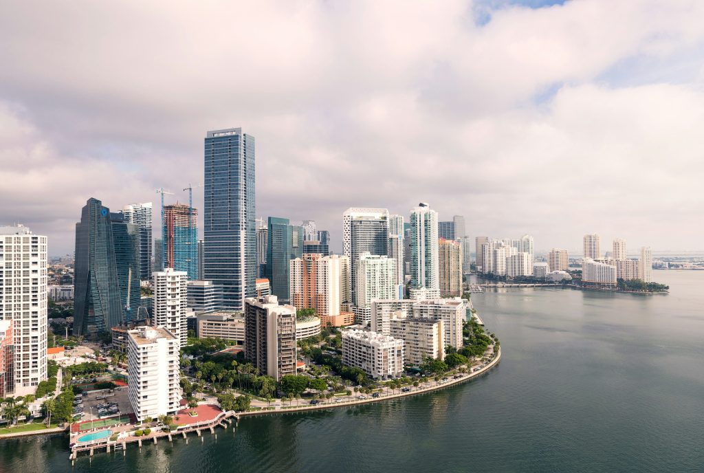 Panoramic views of the Miami, Florida skyline with modern skyscrapers