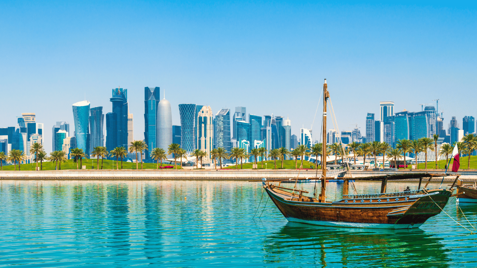 Skyline of Qatar with boat in foreground