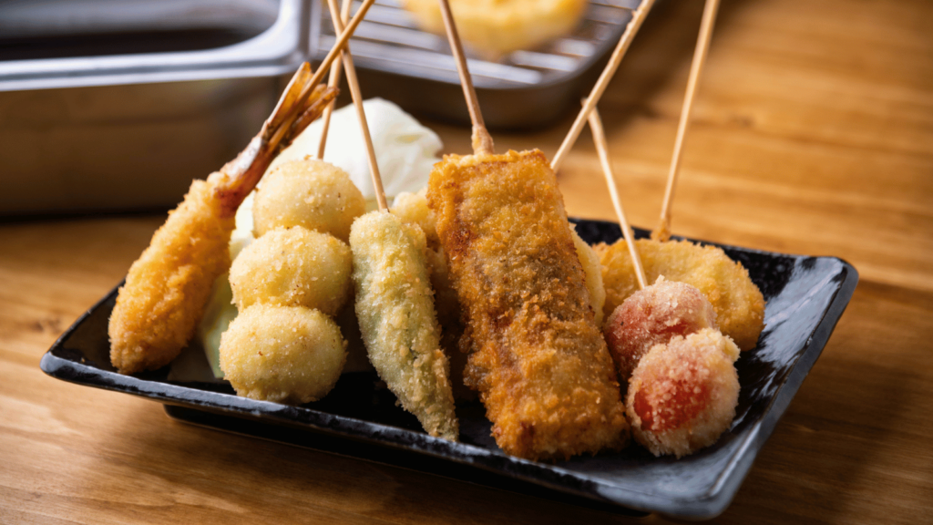 Kushikatsu or Kushiage, Japanese Osaka style deep fried skewers