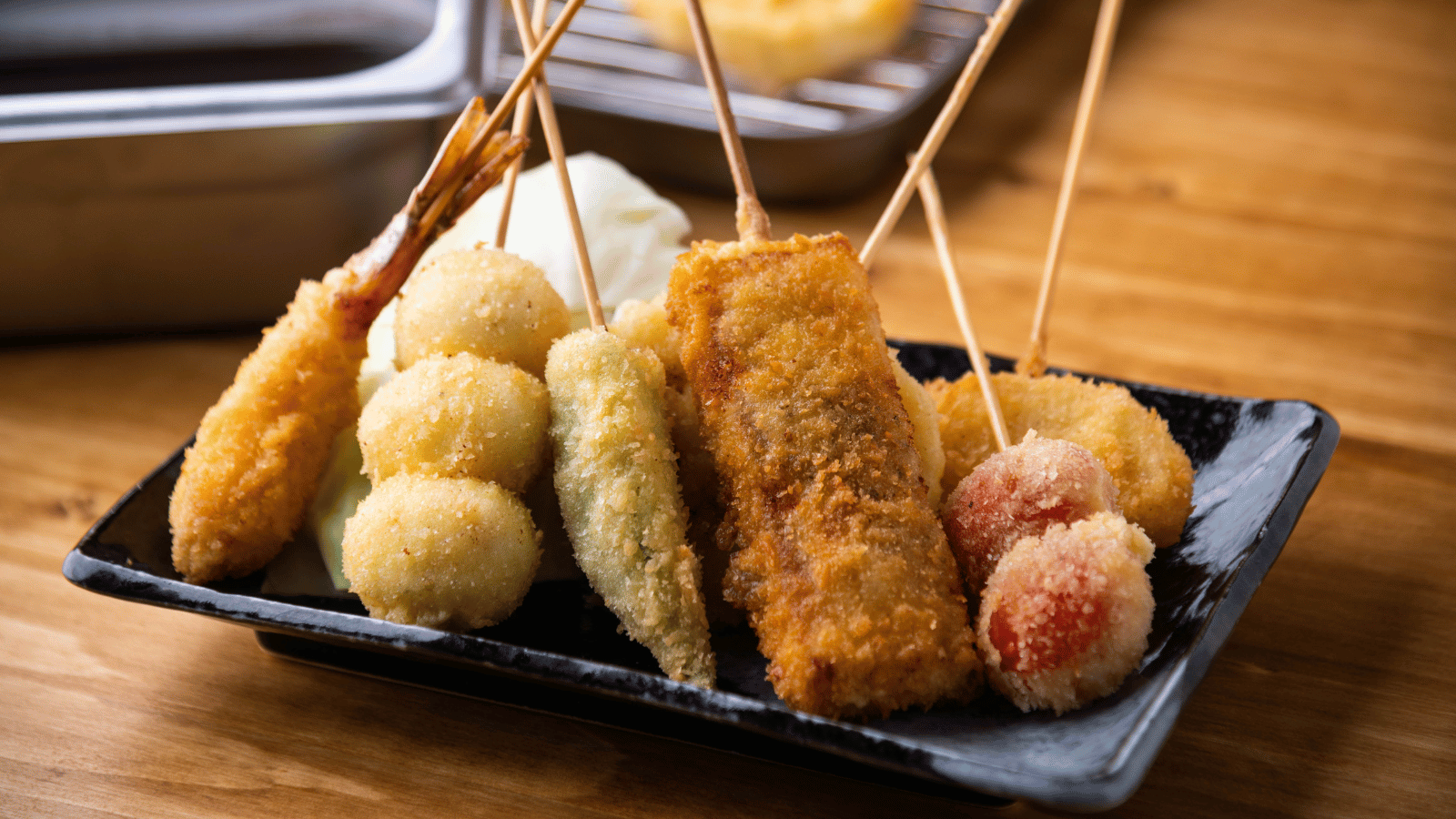 Kushikatsu or Kushiage, Japanese Osaka style deep fried skewers
