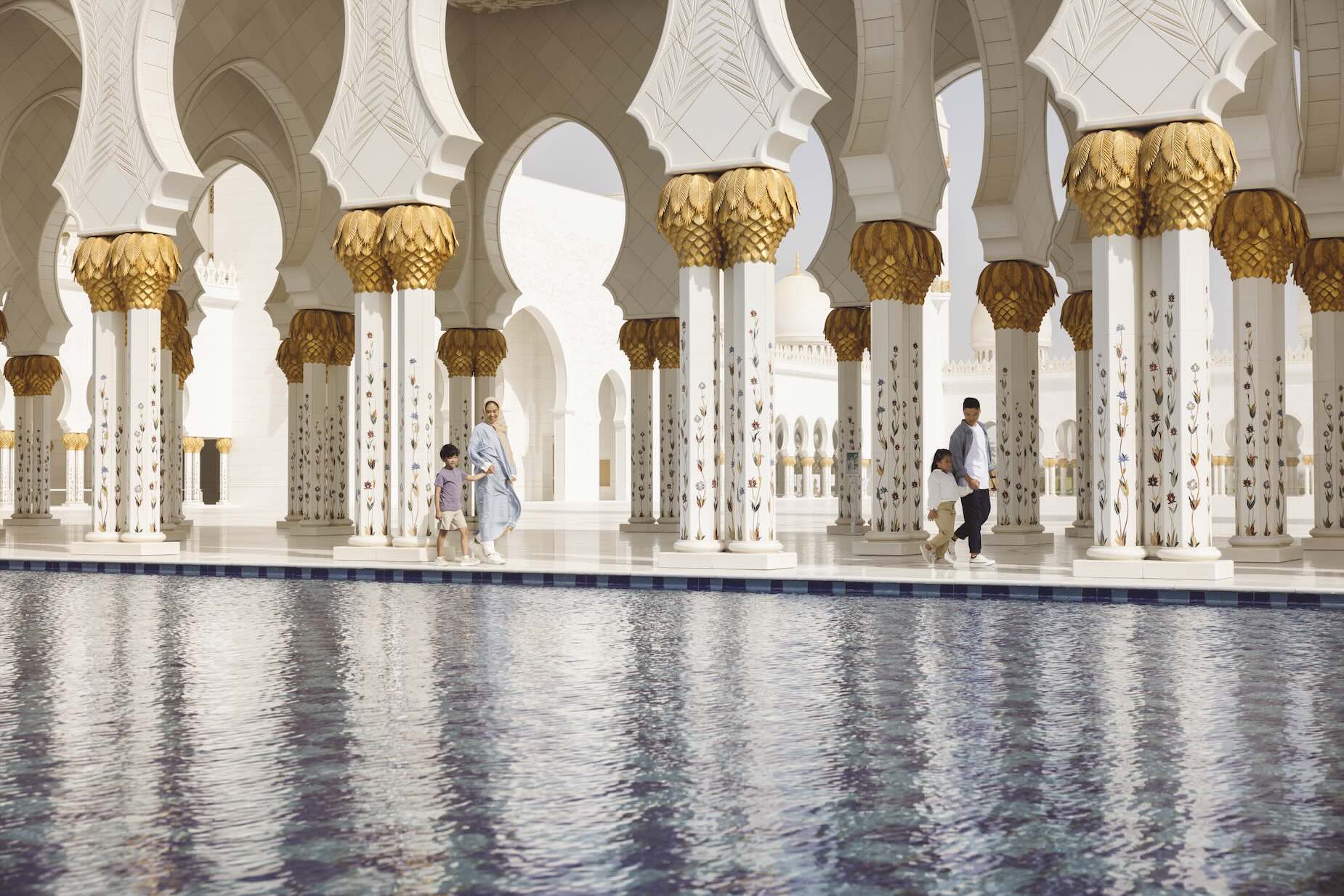 Abu Dhabi Sheikh Zayed Grand Mosque from inside with water