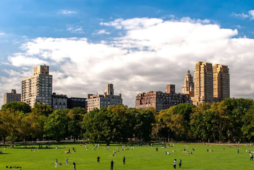 Central Park New York with large lawn and skyline views during New York city break