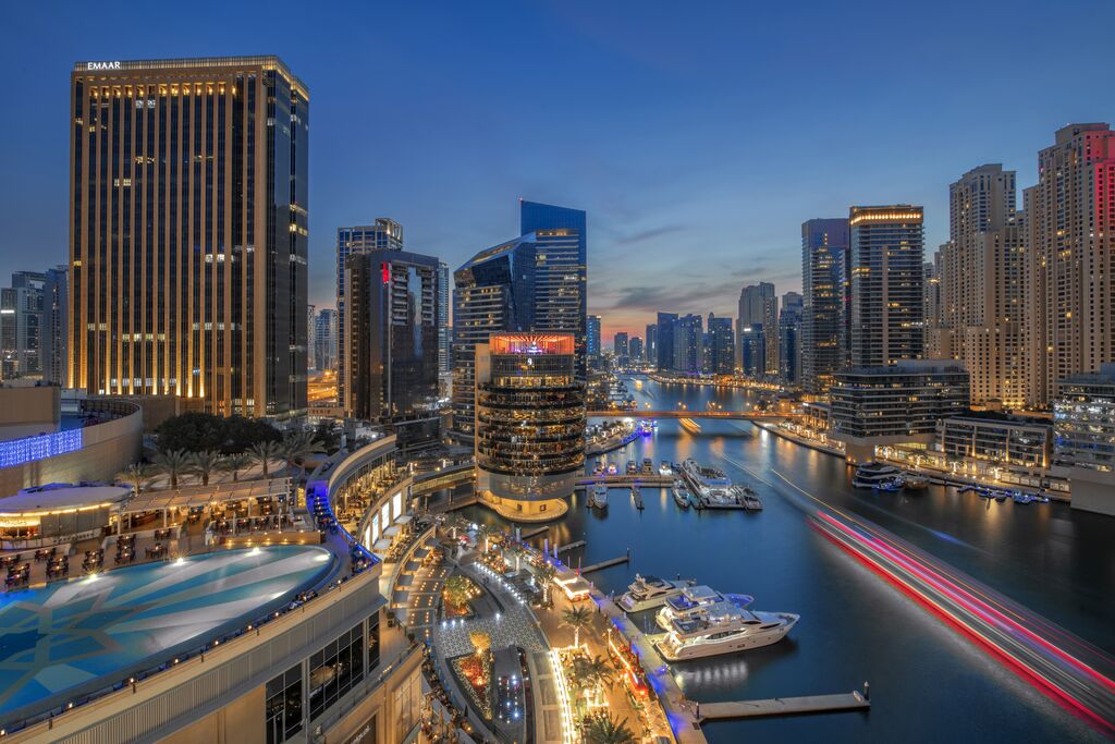 Dubai Marina at night - skyline and marina in the United Arab Emirates