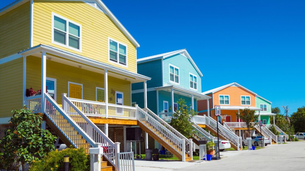 Colored houses on the Florida Keys - atmospheric stop during tour of Florida America