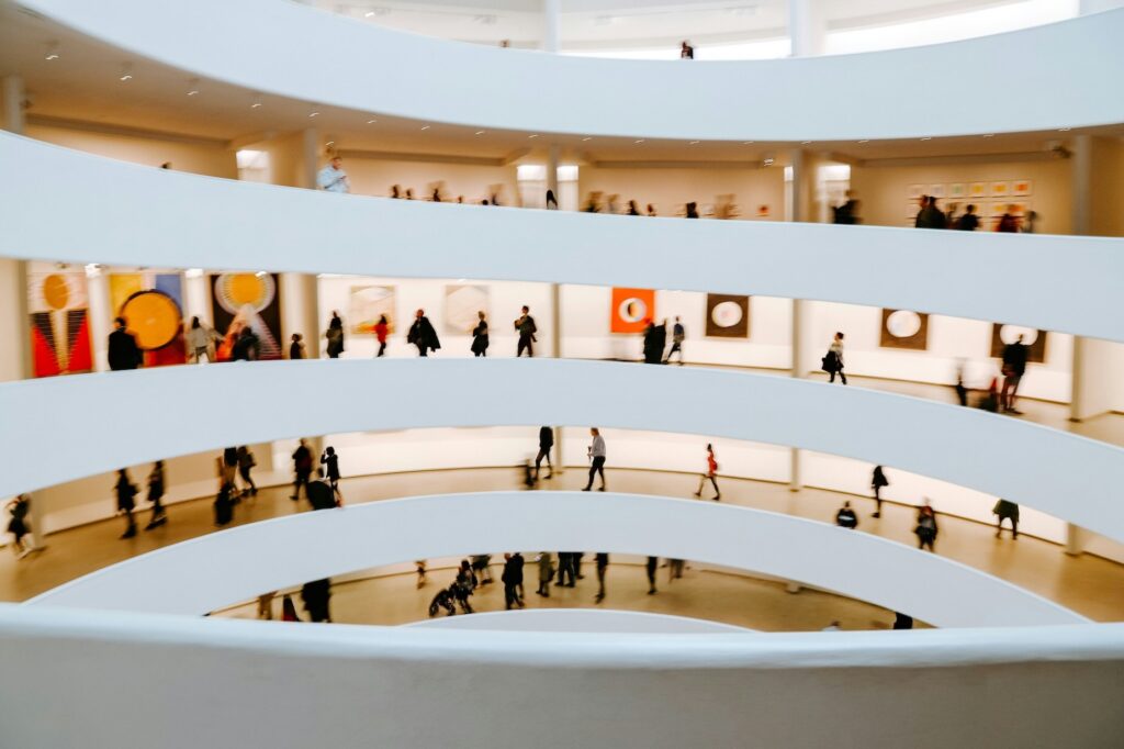 Interior of Guggenheim Museum New York with modern art during New York city break