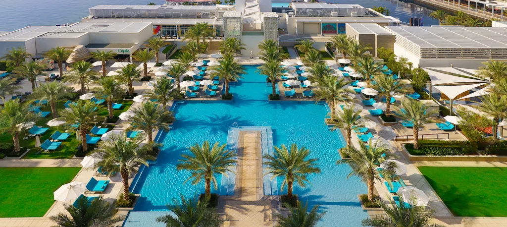 Swimming pool at Hilton Yas Island hotel in Abu Dhabi during a beach vacation