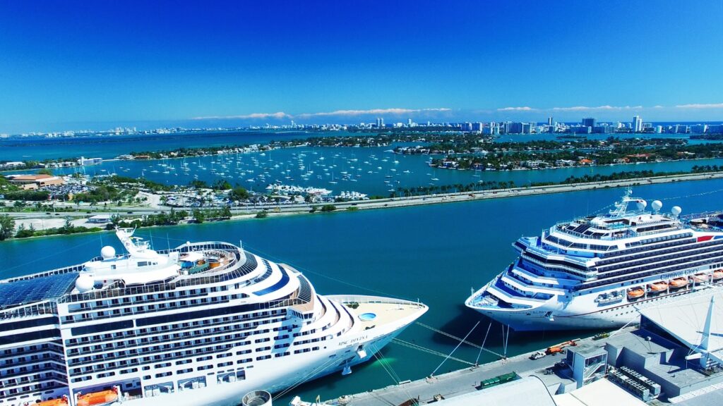 Large cruise ships in Port of Miami, departure point for Caribbean cruises