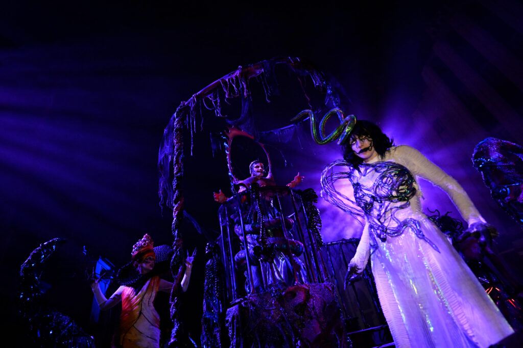 Entrance area of Halloween Horror Nights at Universal Studios Florida in evening lights