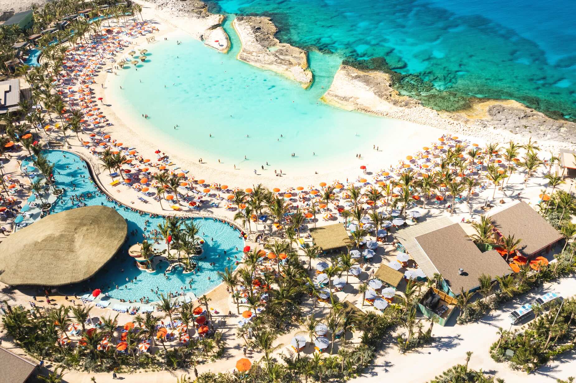 Aerial of beach and pool, Perfect Day at CocoCa, Bahamas - Royal Caribbean International
