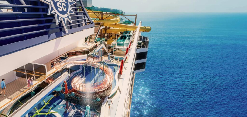MSC World America Cruise ship with water slides during cruise vacation to Caribbean