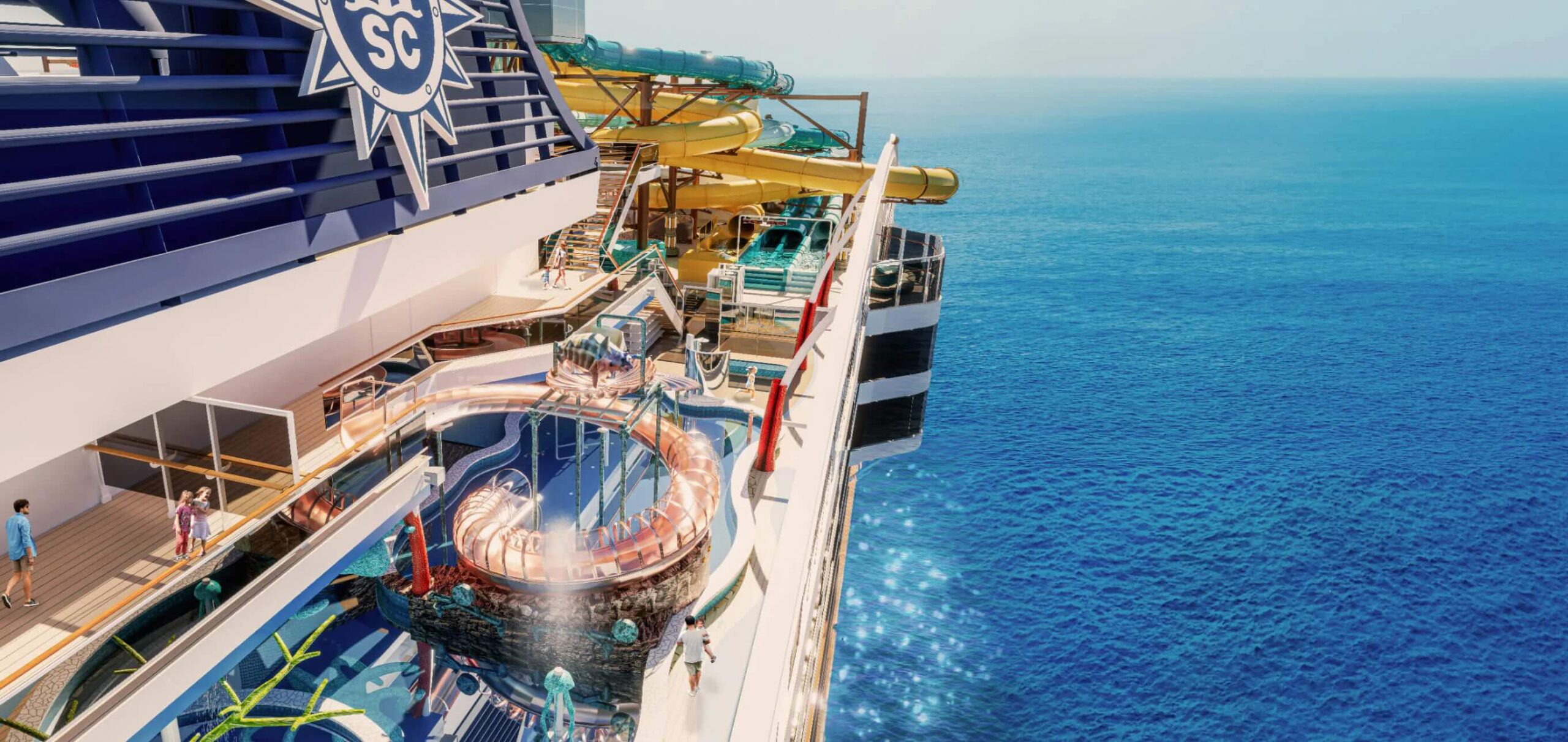 MSC World America Cruise aqua park concept art, water slides