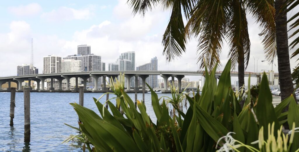 Miami skyline with bridge facing South Beach and turquoise waterSkyline of Miami with bridge facing South Beach and turquoise water