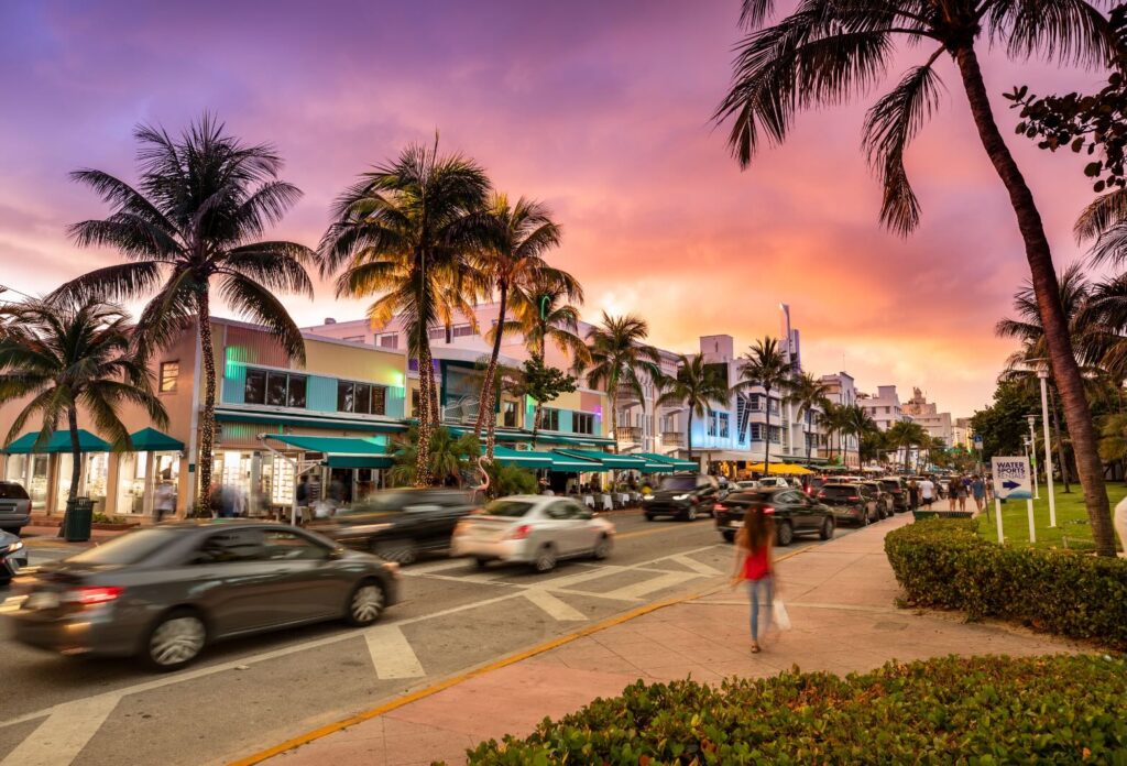 Sunset on the beach in Miami, Florida, popular stop during a road trip
