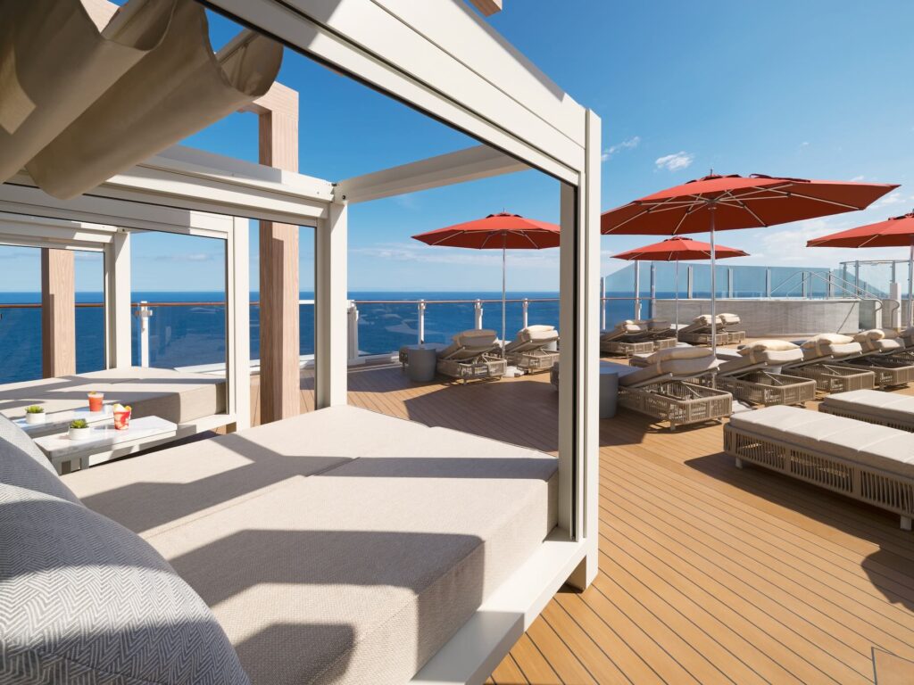 Norwegian Aqua Vibe Beach Club with luxury loungers and ocean views