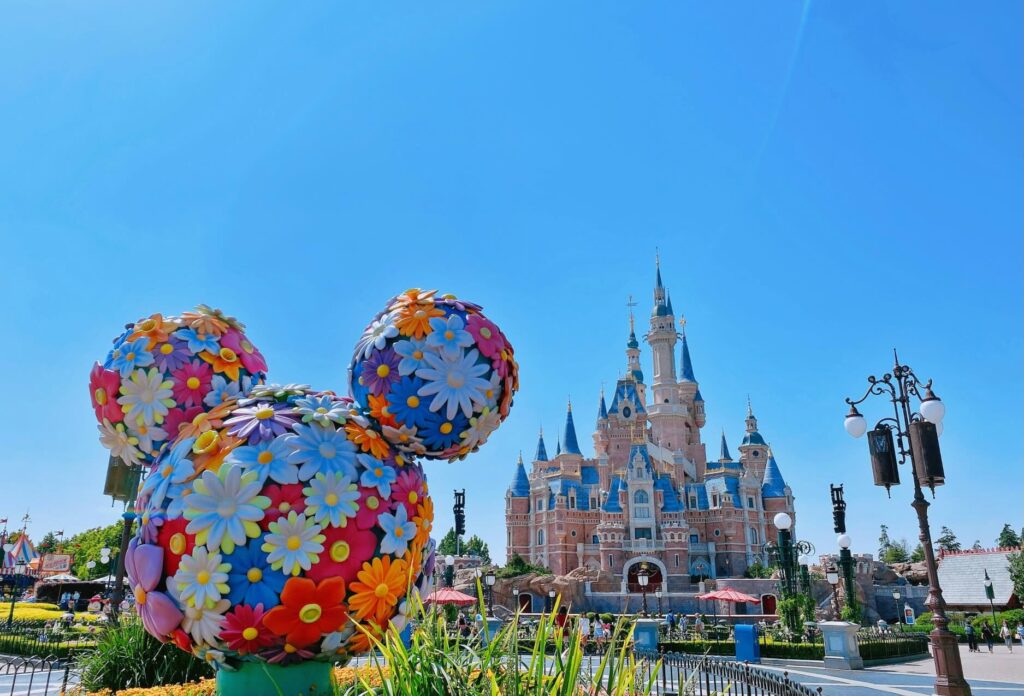 Shanghai Disneyland with flowers mickey as part of Shanghai China Disney vacation