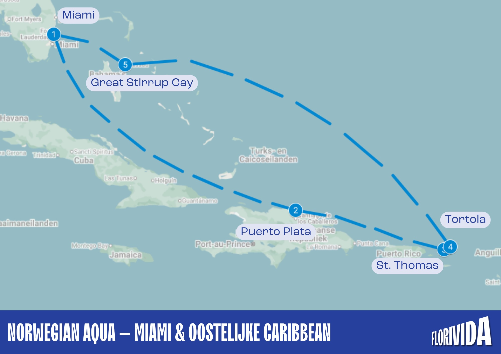Routekaart cruise met norwegian aqua door de caribbean