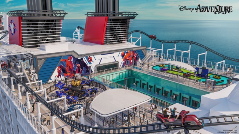 Spiderman roller coaster aboard a cruise ship, the Disney Adventure concept art