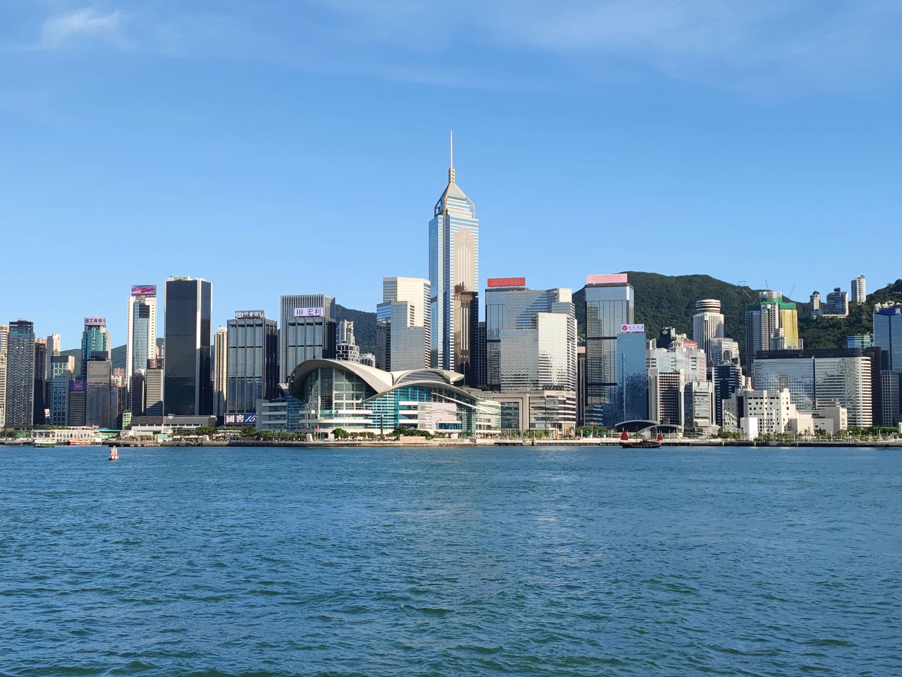 Hong Kong's iconic Victoria Harbour from the water during a theme park trip
