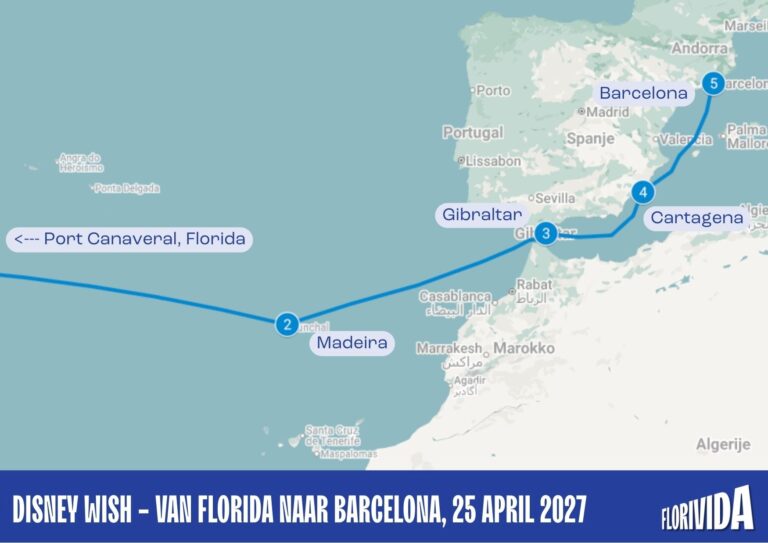 Map of Disney Wish cruise from Florida to Barcelona, April 25, 2027