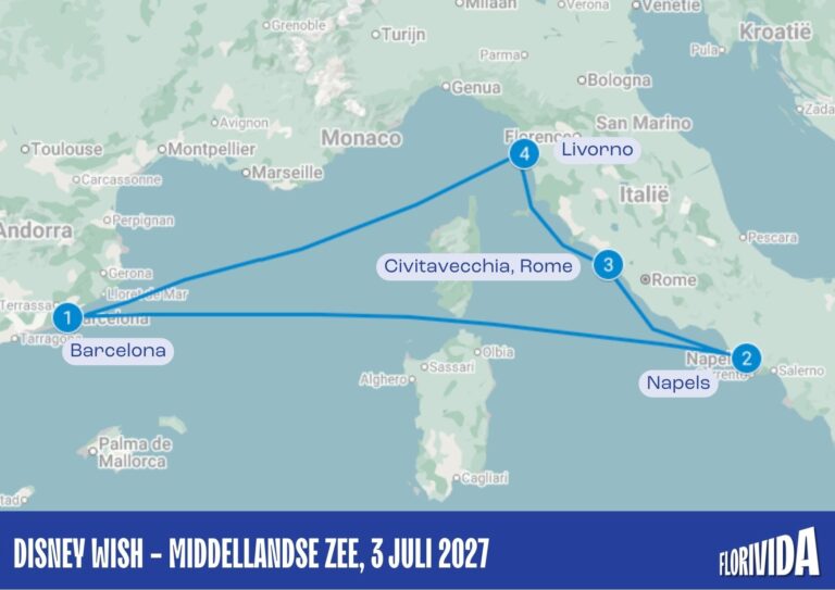 Map van Disney Wish cruise Middellandse zee, 3 Juli 2027