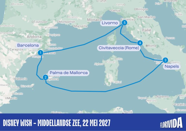 Map van Disney Wish Middellandse zee, 22 mei 2027