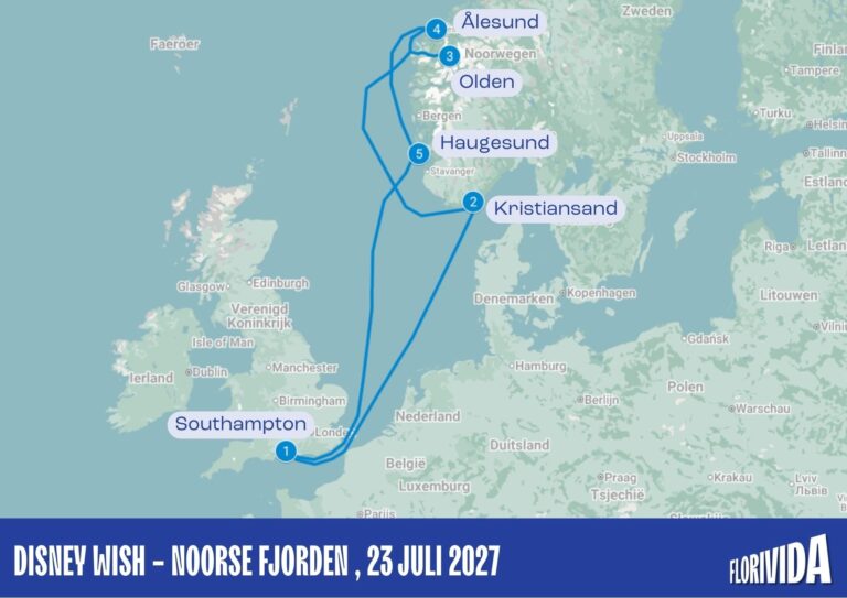 Map van Disney Wish Noorse Fjorden cruise, 23 Juli 2027
