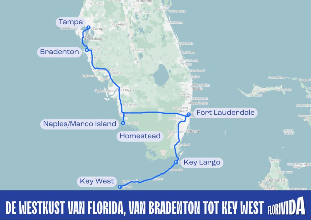 Route van een Florida westkust rondreis bij florivida, met strand natuur en steden
